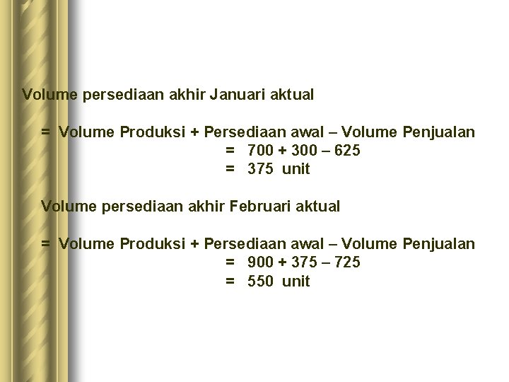 Volume persediaan akhir Januari aktual = Volume Produksi + Persediaan awal – Volume Penjualan