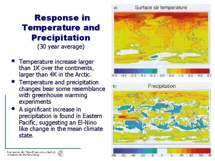 Response in Temperature and Precipitation (30 year average) • • • Temperature increase larger