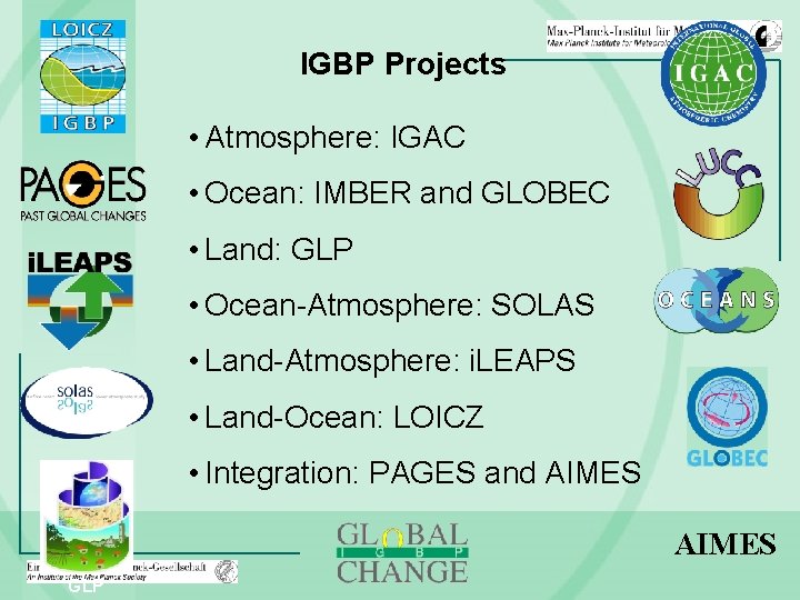 IGBP Projects • Atmosphere: IGAC • Ocean: IMBER and GLOBEC • Land: GLP •