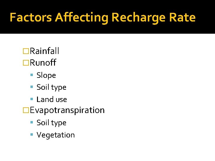 Factors Affecting Recharge Rate �Rainfall �Runoff Slope Soil type Land use �Evapotranspiration Soil type