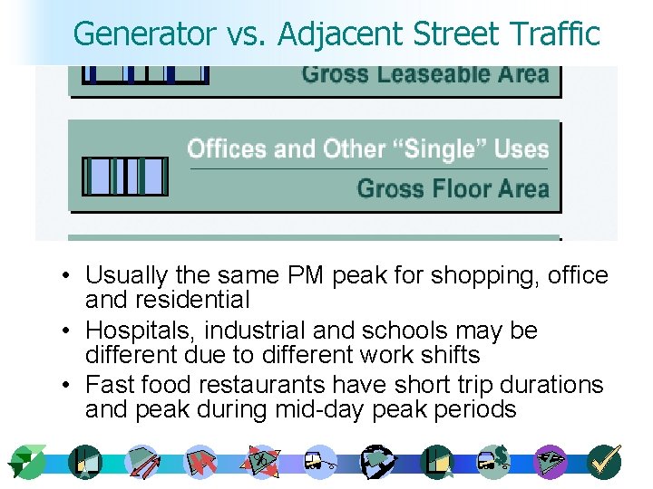 Generator vs. Adjacent Street Traffic • Usually the same PM peak for shopping, office