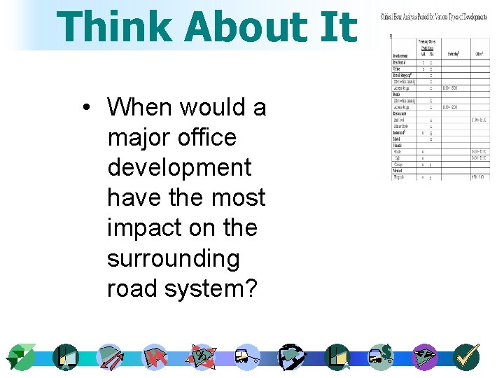 Think About It • When would a major office development have the most impact