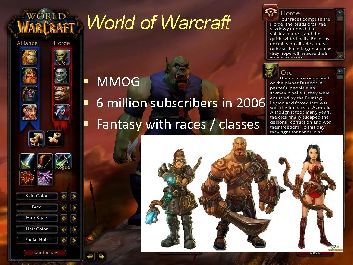 World of Warcraft MMOG 6 million subscribers in 2006 Fantasy with races / classes