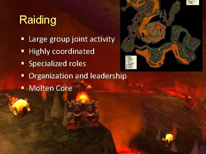 Raiding Large group joint activity Highly coordinated Specialized roles Organization and leadership Molten Core