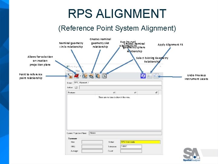 RPS ALIGNMENT (Reference Point System Alignment) Nominal geometry circle relationship Allows for selection or
