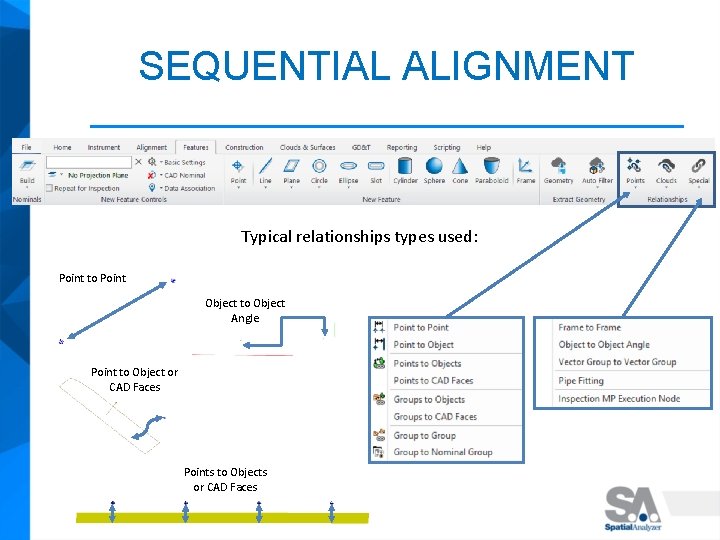 SEQUENTIAL ALIGNMENT Typical relationships types used: Point to Point Object to Object Angle Point