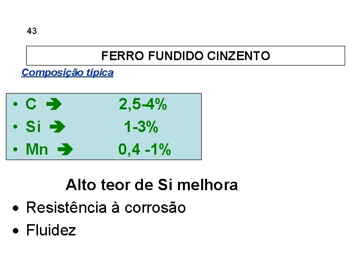 5. 43 Ferros Fundidos FERRO FUNDIDO CINZENTO Composição típica • C • Si •