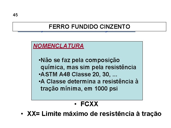 5. 45 Ferros Fundidos FERRO FUNDIDO CINZENTO Classificação dos fofos cinzentos segundo ABNT NOMENCLATURA