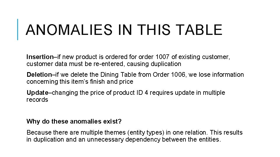ANOMALIES IN THIS TABLE Insertion–if new product is ordered for order 1007 of existing