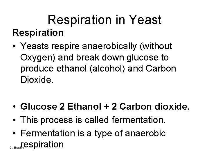 Respiration in Yeast Respiration • Yeasts respire anaerobically (without Oxygen) and break down glucose