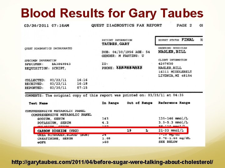 Blood Results for Gary Taubes http: //garytaubes. com/2011/04/before-sugar-were-talking-about-cholesterol/ 