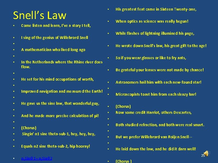 Snell’s Law • Come listen and learn, I’ve a story I tell, • •