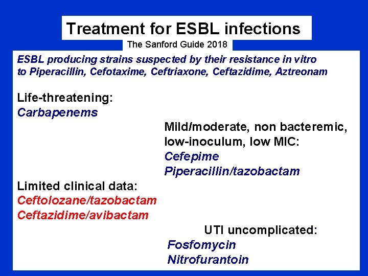 Treatment for ESBL infections The Sanford Guide 2018 ESBL producing strains suspected by their