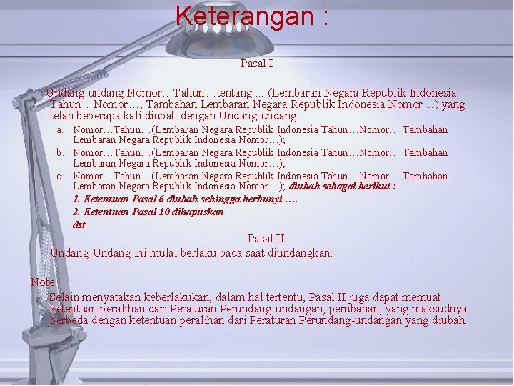 Keterangan : Pasal I Undang-undang Nomor…Tahun…tentang. . . (Lembaran Negara Republik Indonesia Tahun…Nomor…; Tambahan
