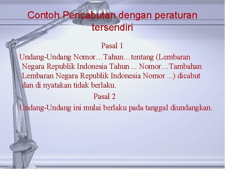 Contoh Pencabutan dengan peraturan tersendiri Pasal 1 Undang-Undang Nomor…Tahun…tentang (Lembaran Negara Republik Indonesia Tahun.