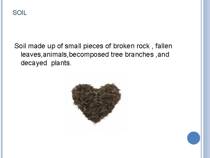 SOIL Soil made up of small pieces of broken rock , fallen leaves, animals,