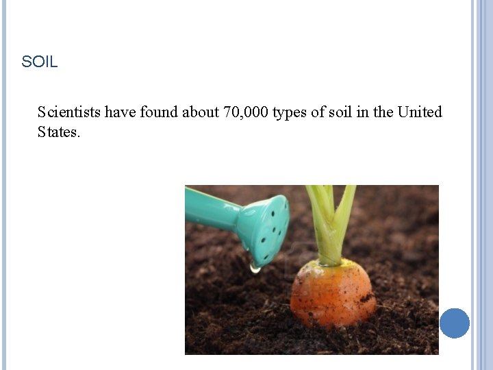 SOIL Scientists have found about 70, 000 types of soil in the United States.