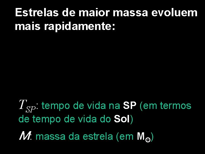 Estrelas de maior massa evoluem mais rapidamente: TSP: tempo de vida na SP (em