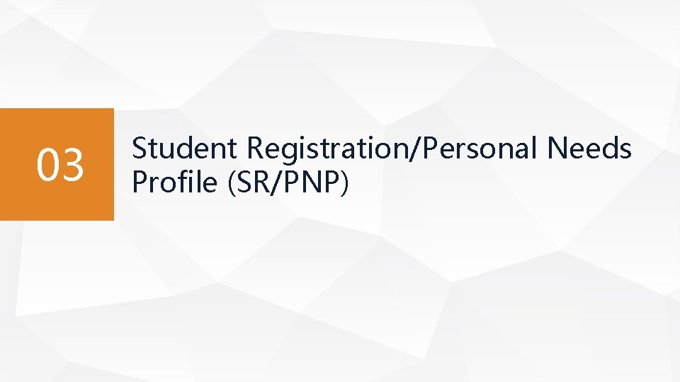 03 Student Registration/Personal Needs Profile (SR/PNP) 