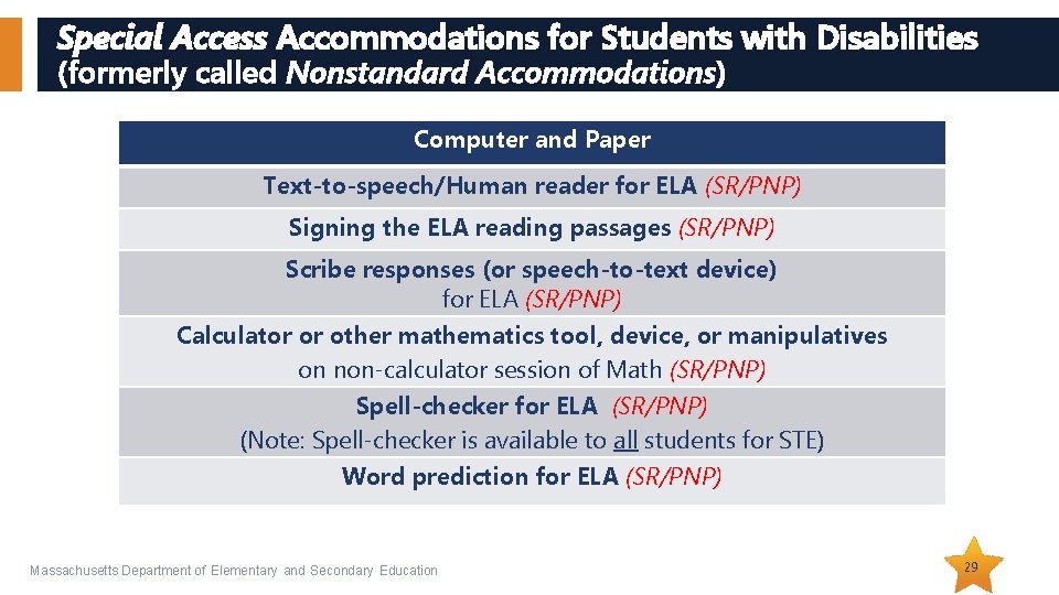 Special Access Accommodations for Students with Disabilities (formerly called Nonstandard Accommodations) Computer and Paper