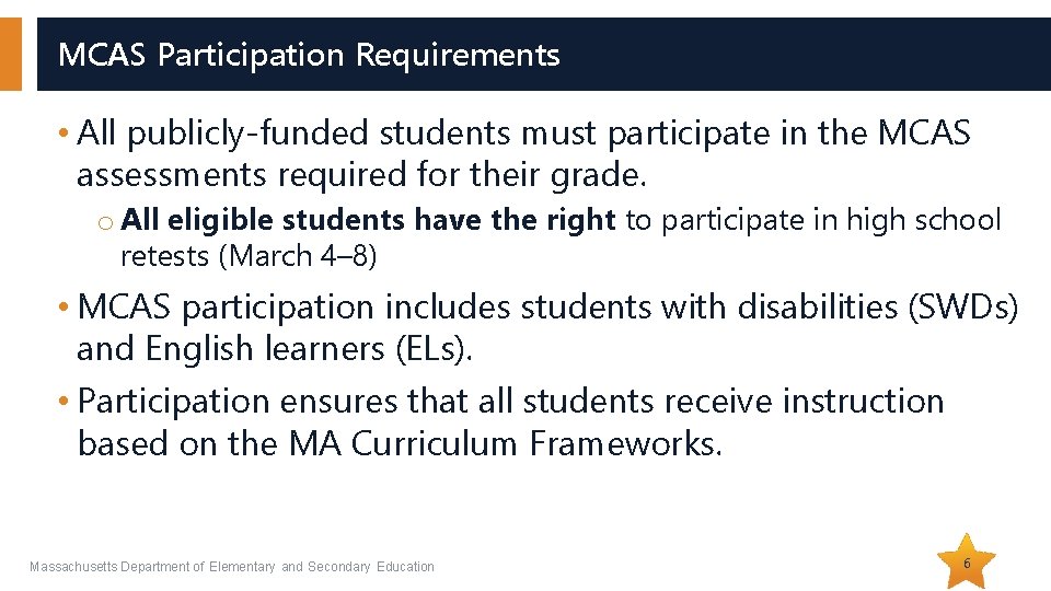 MCAS Participation Requirements • All publicly-funded students must participate in the MCAS assessments required