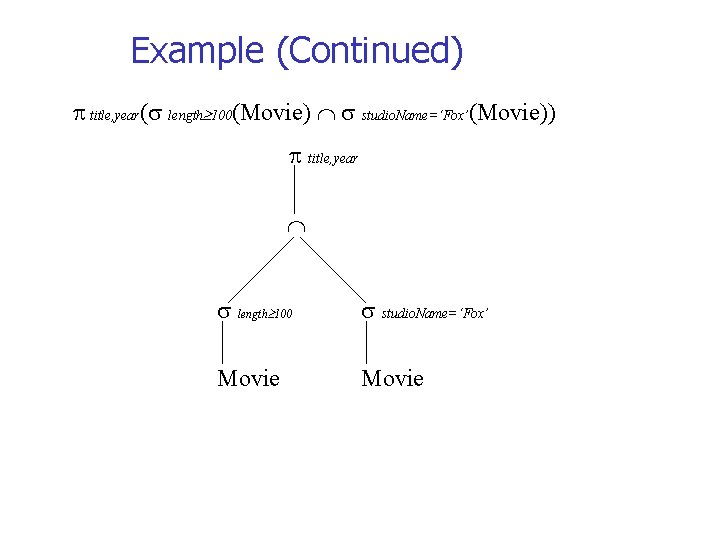 Example (Continued) title, year( length 100(Movie) studio. Name=‘Fox’(Movie)) title, year length 100 studio. Name=‘Fox’