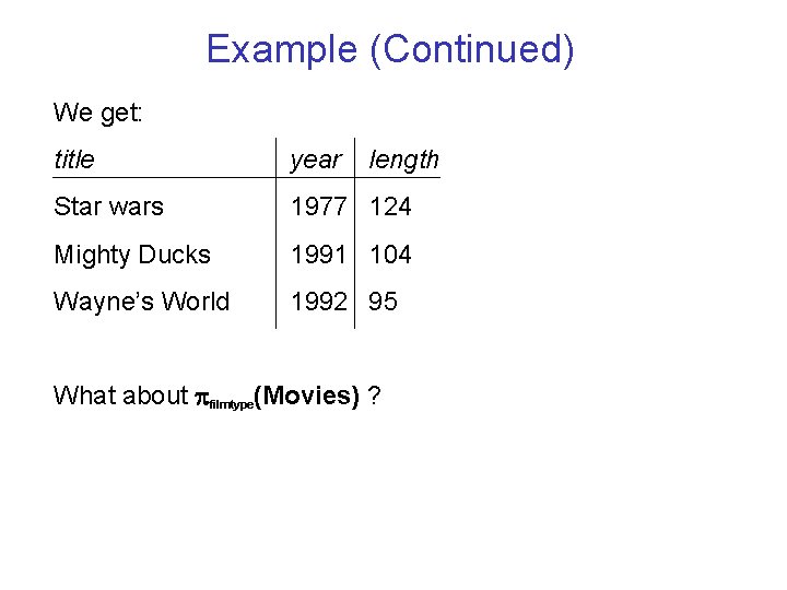 Example (Continued) We get: title year length Star wars 1977 124 Mighty Ducks 1991