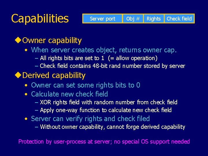 Capabilities Server port Obj # Rights Check field u. Owner capability • When server