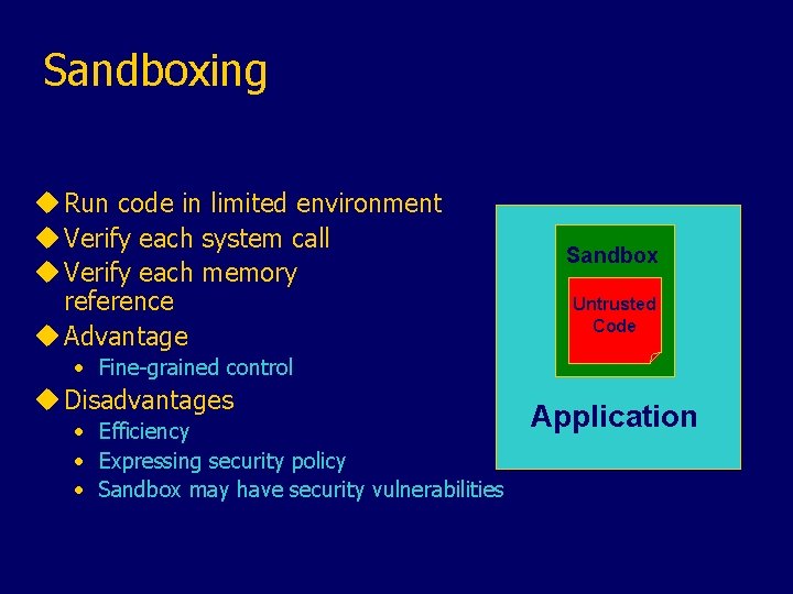 Sandboxing u Run code in limited environment u Verify each system call u Verify