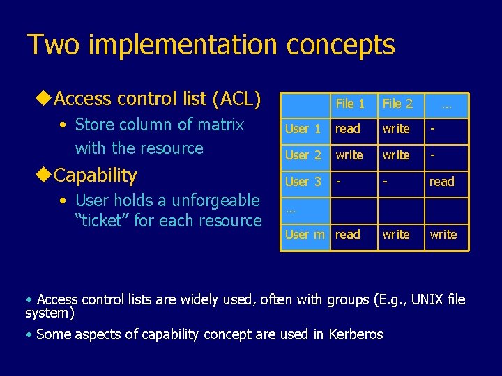 Two implementation concepts u. Access control list (ACL) • Store column of matrix with