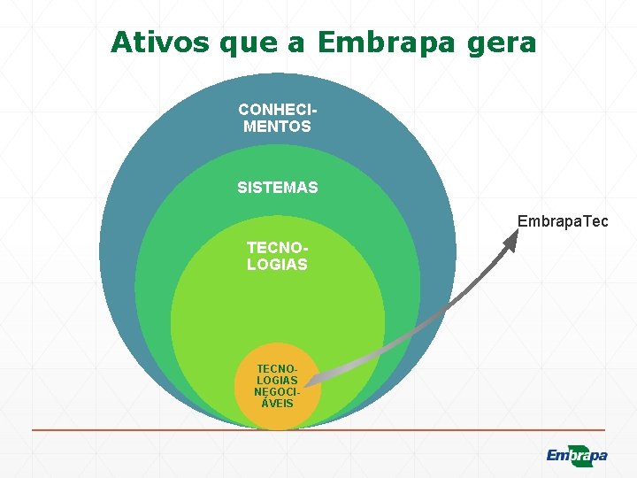 Ativos que a Embrapa gera CONHECIMENTOS SISTEMAS Embrapa. Tec TECNOLOGIAS NEGOCIÁVEIS 