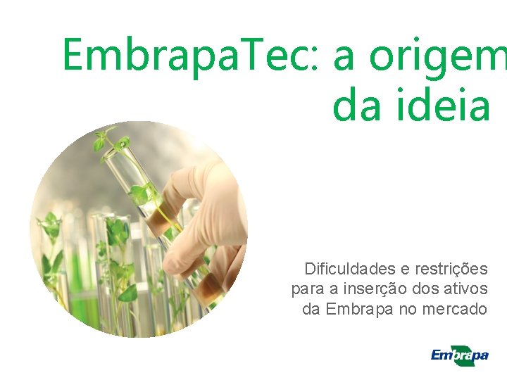 Embrapa. Tec: a origem da ideia Dificuldades e restrições para a inserção dos ativos