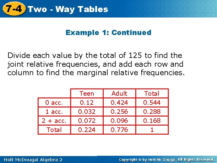 7 -4 Two - Way Tables Example 1: Continued Divide each value by the