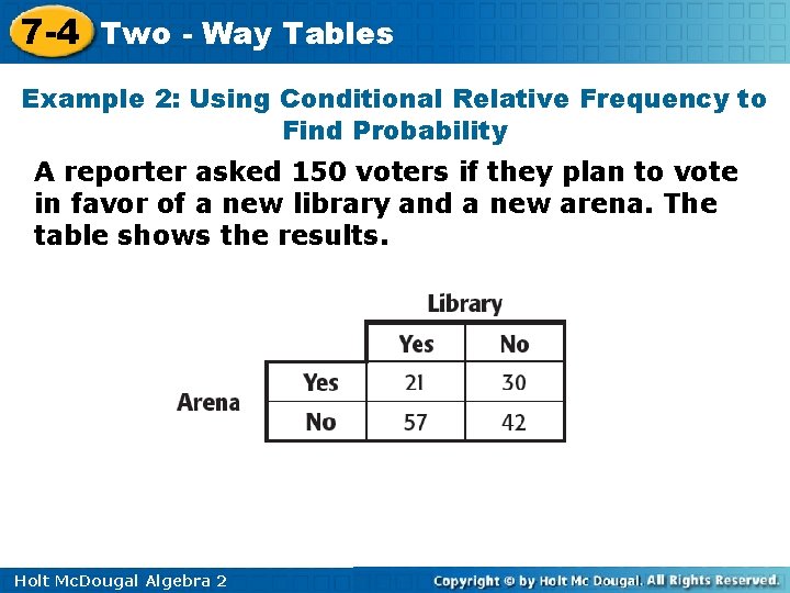 7 -4 Two - Way Tables Example 2: Using Conditional Relative Frequency to Find