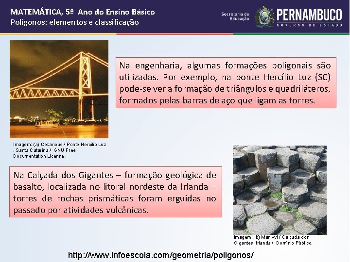 MATEMÁTICA, 5º Ano do Ensino Básico Polígonos: elementos e classificação Na engenharia, algumas formações