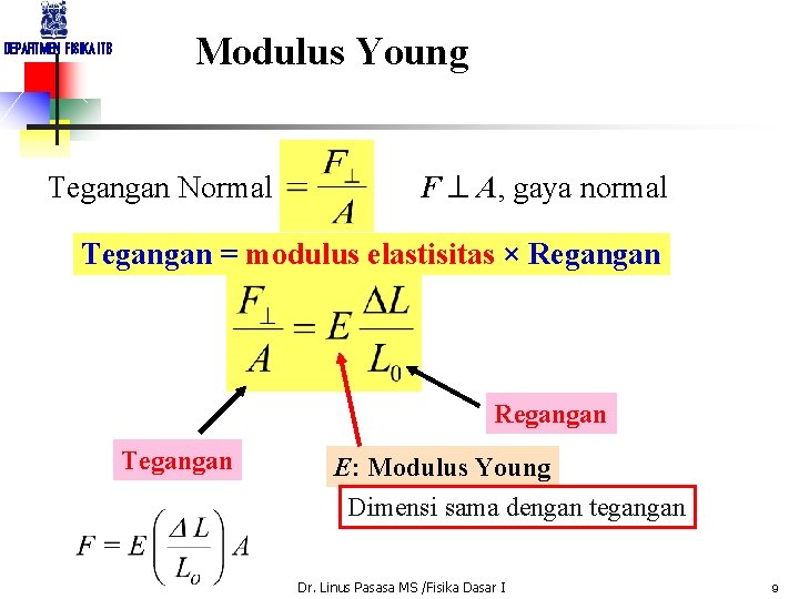 DEPARTMEN FISIKA ITB Modulus Young Tegangan Normal F A, gaya normal Tegangan = modulus