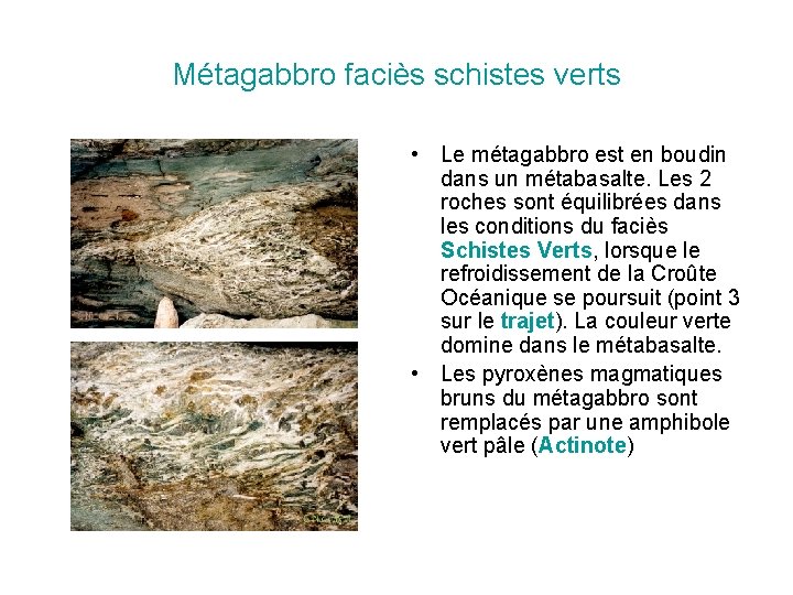 Métagabbro faciès schistes verts • Le métagabbro est en boudin dans un métabasalte. Les