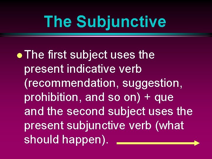 The Subjunctive l The first subject uses the present indicative verb (recommendation, suggestion, prohibition,
