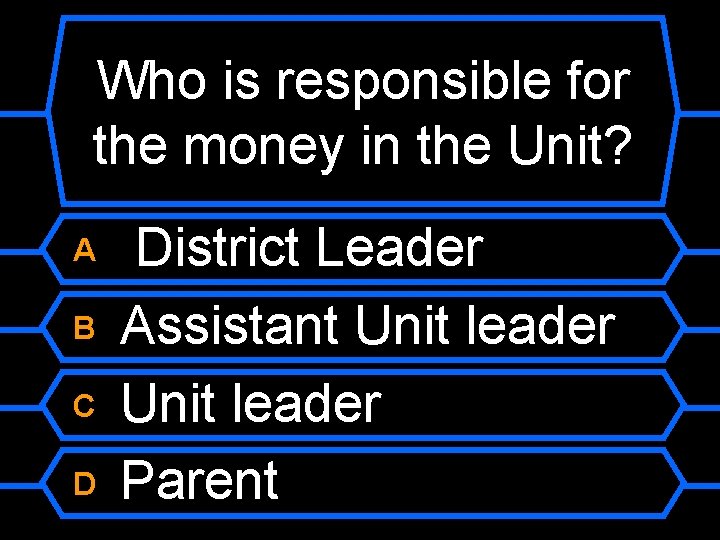 Who is responsible for the money in the Unit? A B C D District