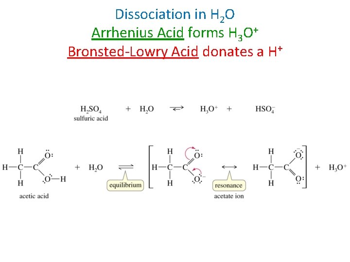 Dissociation in H 2 O Arrhenius Acid forms H 3 O+ Bronsted-Lowry Acid donates Dissociation in H 2 O Arrhenius Acid forms H 3 O+ Bronsted-Lowry Acid donates