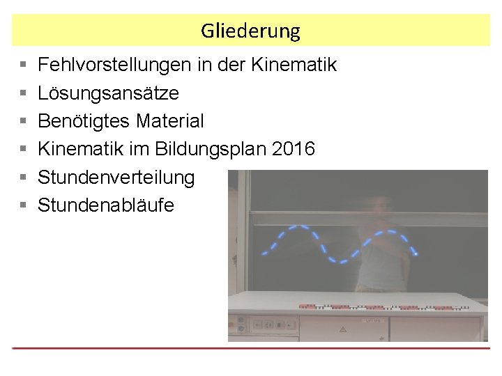 Gliederung § § § Fehlvorstellungen in der Kinematik Lösungsansätze Benötigtes Material Kinematik im Bildungsplan