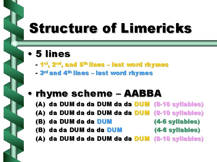 Structure of Limericks • 5 lines - 1 st, 2 nd, and 5 th