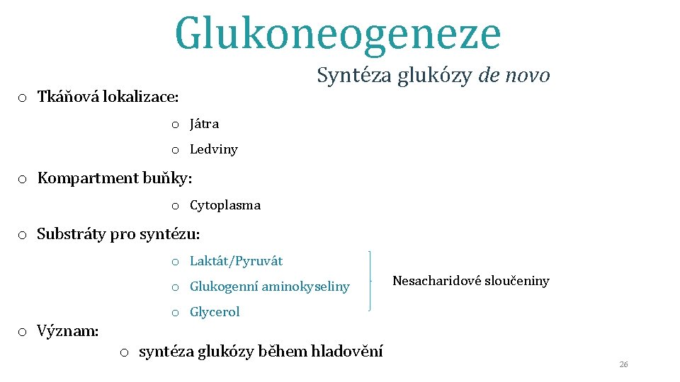 Glukoneogeneze o Tkáňová lokalizace: Syntéza glukózy de novo o Játra o Ledviny o Kompartment