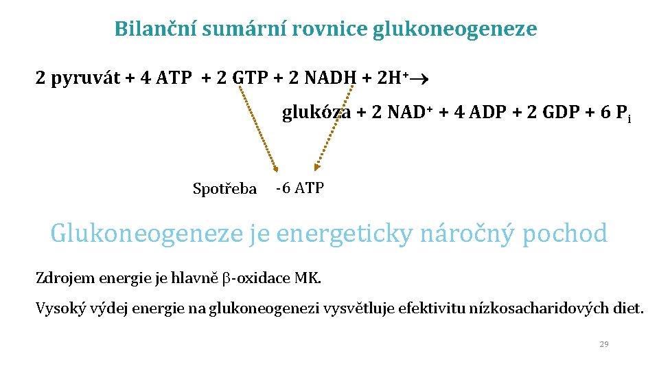 Bilanční sumární rovnice glukoneogeneze 2 pyruvát + 4 ATP + 2 GTP + 2