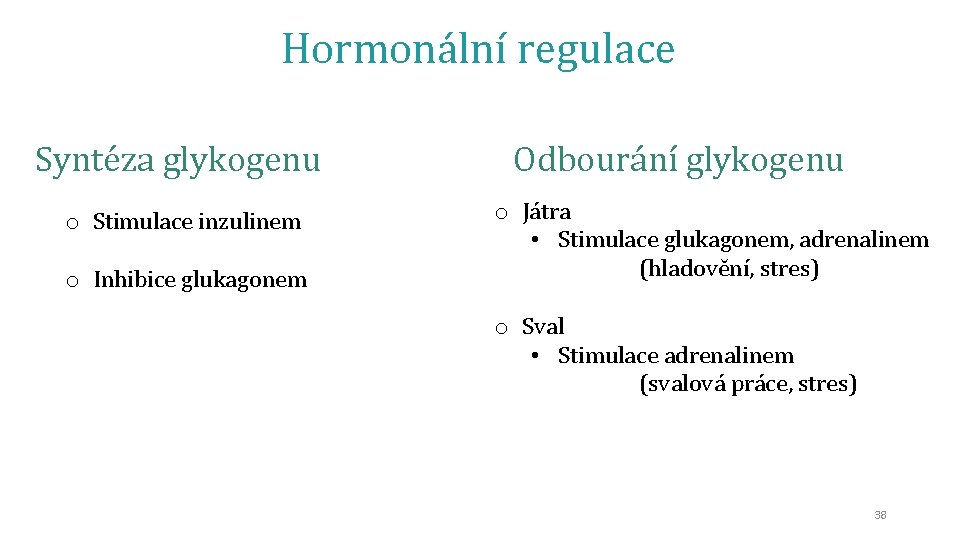 Hormonální regulace Syntéza glykogenu o Stimulace inzulinem o Inhibice glukagonem Odbourání glykogenu o Játra