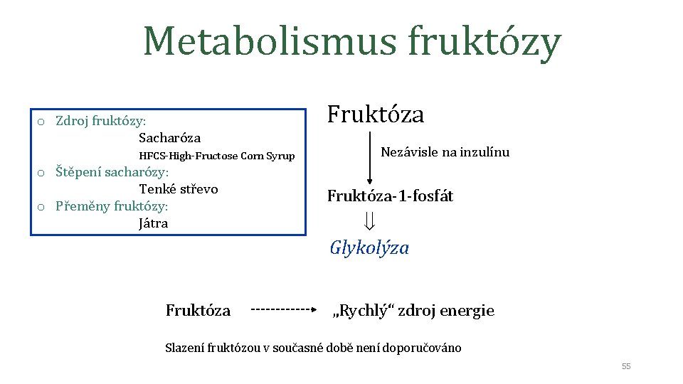 Metabolismus fruktózy o Zdroj fruktózy: Sacharóza HFCS-High-Fructose Corn Syrup o Štěpení sacharózy: Tenké střevo