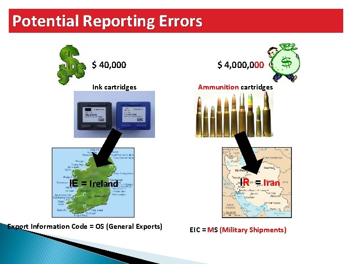 Potential Reporting Errors $ 40, 000 Ink cartridges IE = Ireland Export Information Code Potential Reporting Errors $ 40, 000 Ink cartridges IE = Ireland Export Information Code
