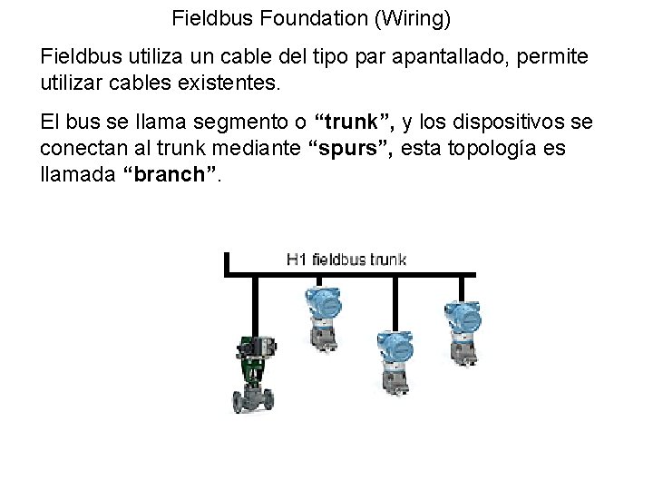 Fieldbus Foundation (Wiring) Fieldbus utiliza un cable del tipo par apantallado, permite utilizar cables