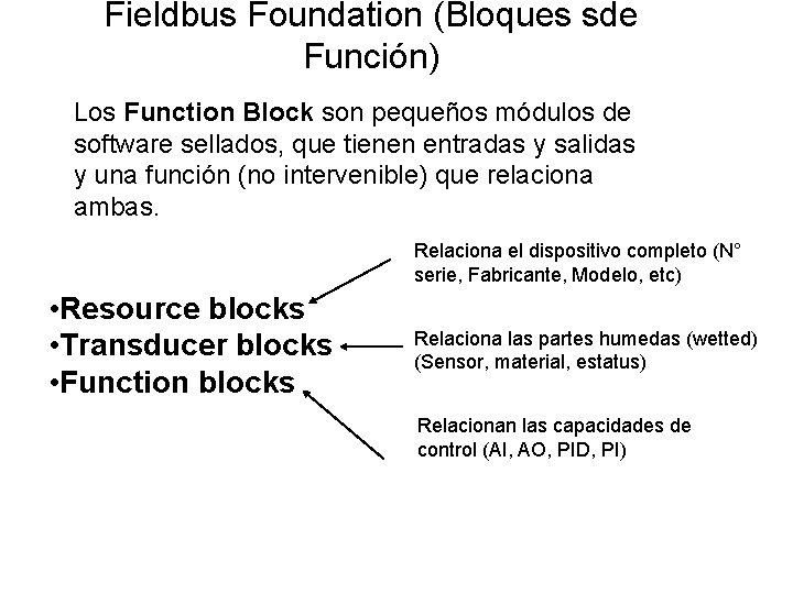Fieldbus Foundation (Bloques sde Función) Los Function Block son pequeños módulos de software sellados,