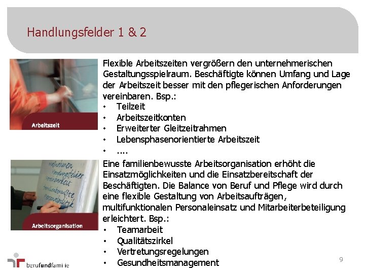 Handlungsfelder 1 & 2 Flexible Arbeitszeiten vergrößern den unternehmerischen Gestaltungsspielraum. Beschäftigte können Umfang und